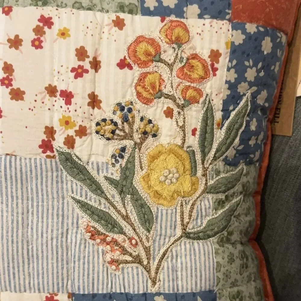Throw Pillow Multicolor Floral Striped Embroidery Patchwork Cottage farmhouse